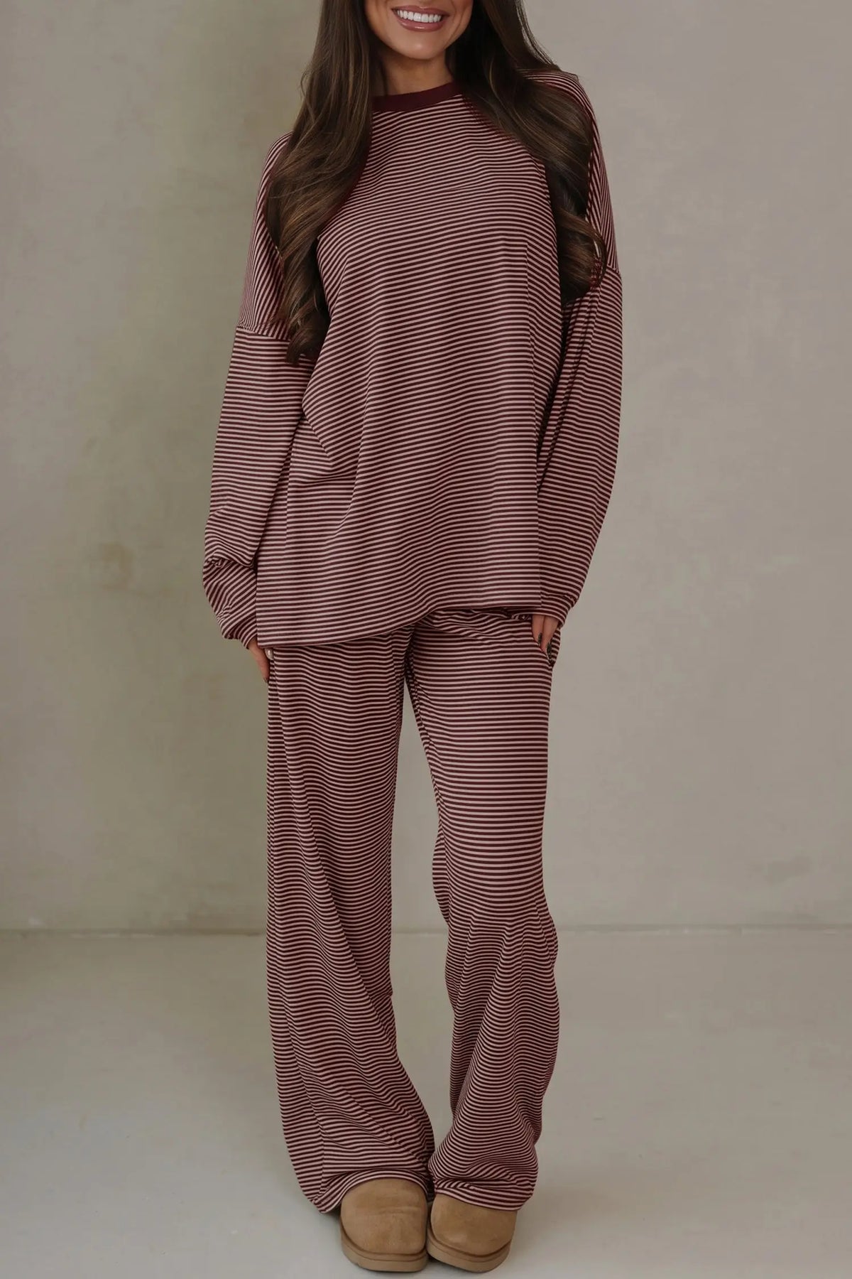 Stripe contrast trim round neck oversize top and pant set brown model front view · nz-alt-v1