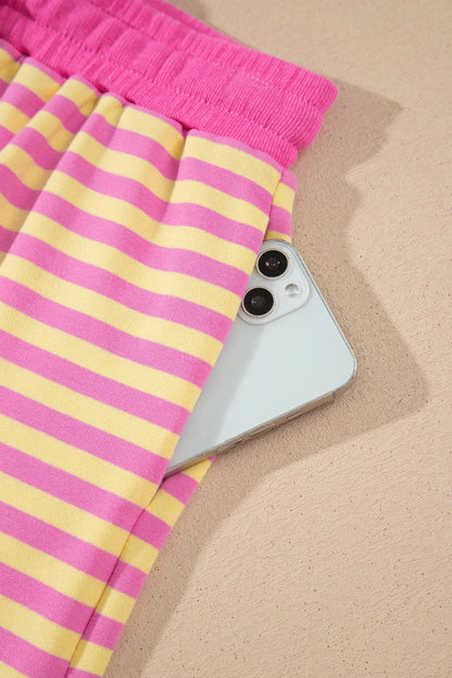 Rose Red Striped Long Sleeve Zip-Up Hoodie Drawstring Elastic Waist 2pcs Short Set