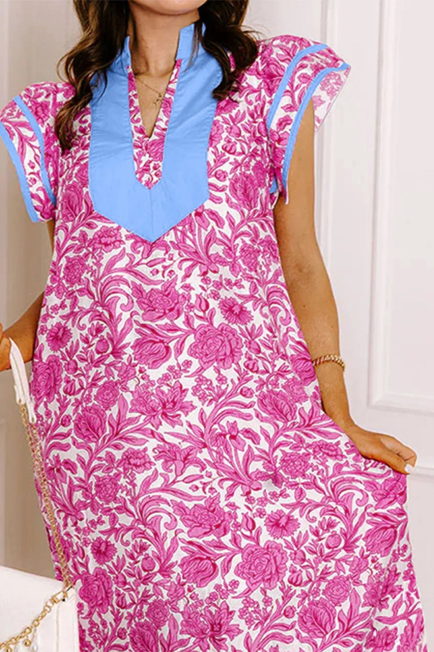 Pink Floral Print Color Block Patchwork V Neck Short Sleeve Midi Dress Nataliz