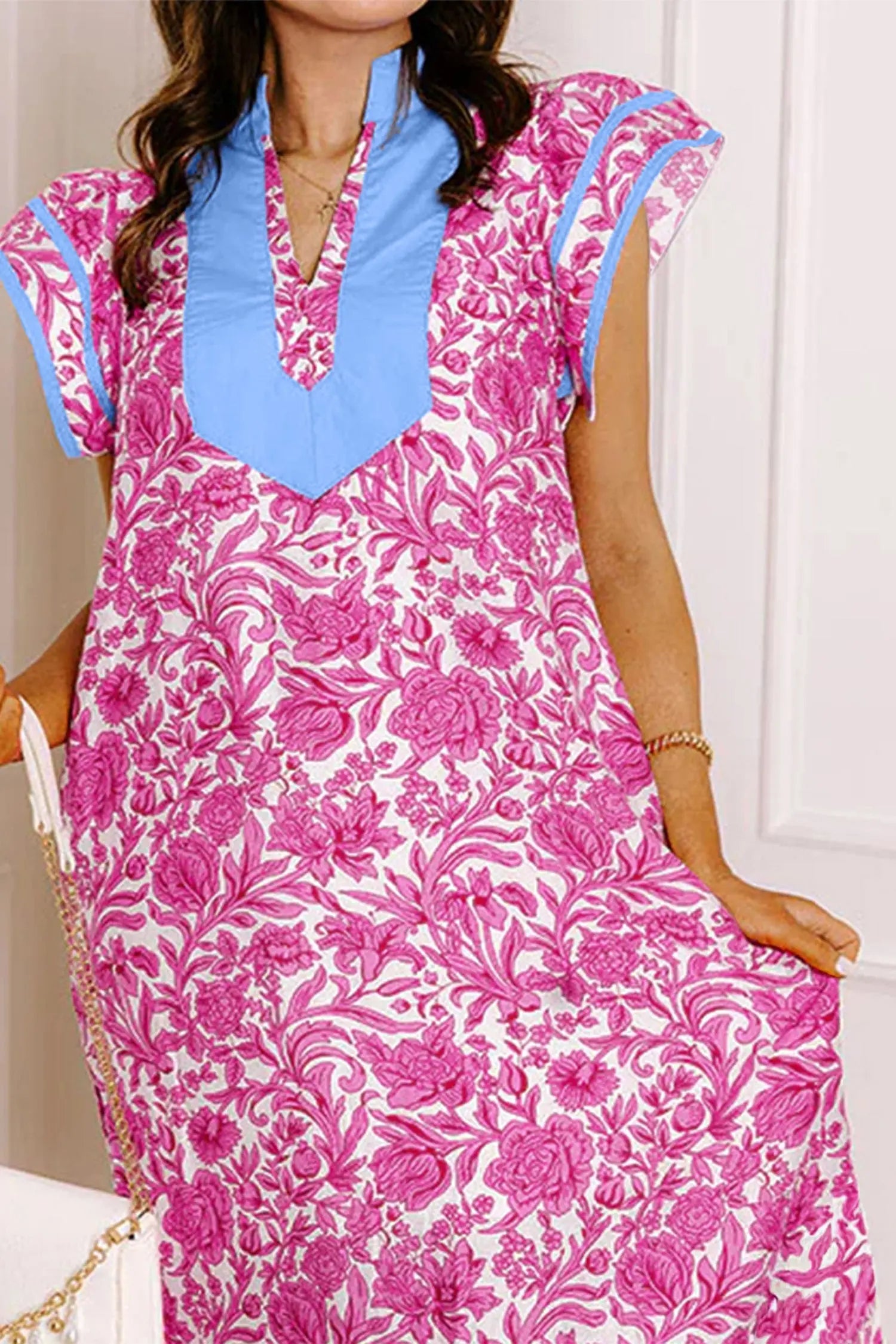 Pink Floral Print Color Block Patchwork V Neck Short Sleeve Midi Dress Nataliz