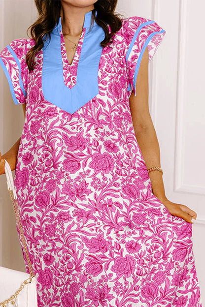 Pink Floral Print Color Block Patchwork V Neck Short Sleeve Midi Dress Nataliz
