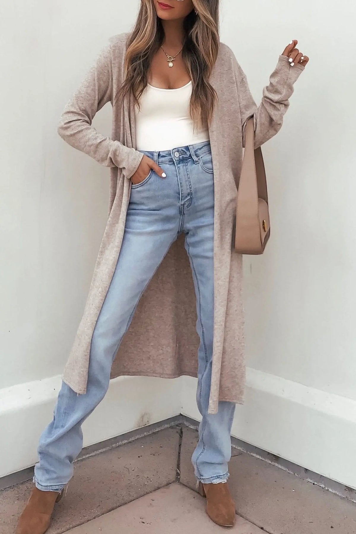 Solid color long sleeve casual tunic shift cardigan parchment model front view · nz-alt-v1