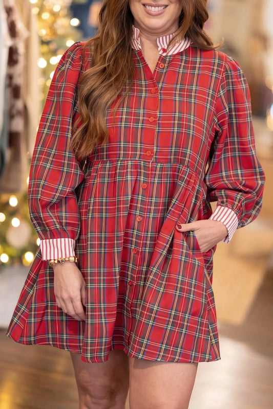 Red plaid v neck collar cuff shift dress model front view · nz-alt-v1