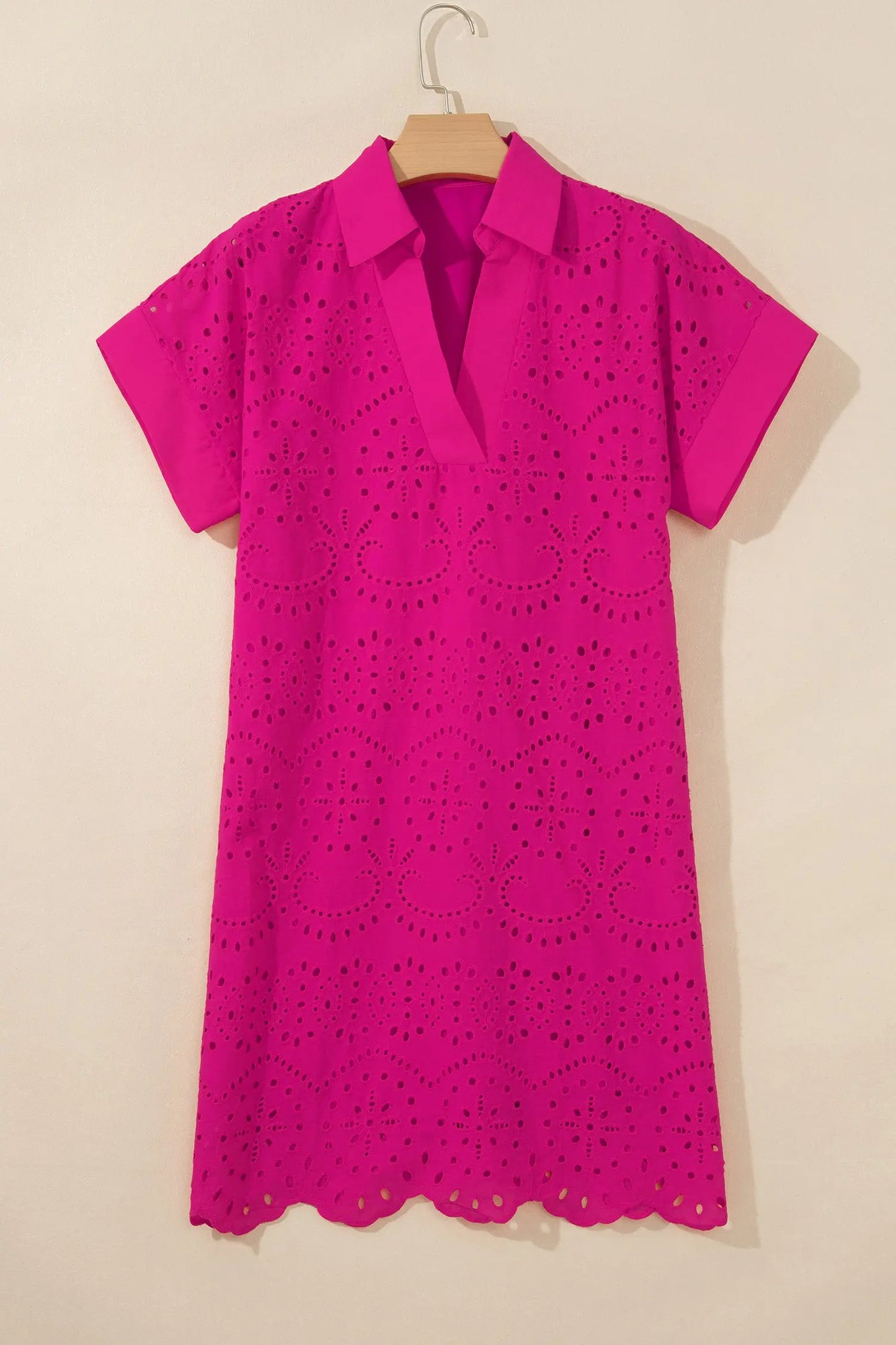 Rose Red Solid Color Eyelet Embroidered T Shirt Mini Dress