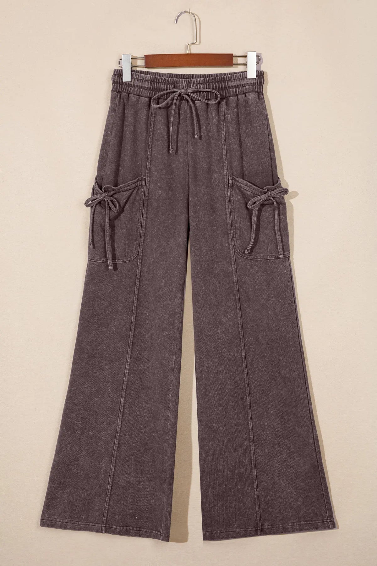 Dark Brown Cotton Mineral Wash Elastic Waist Drawstring Tie Detail Cargo Pants