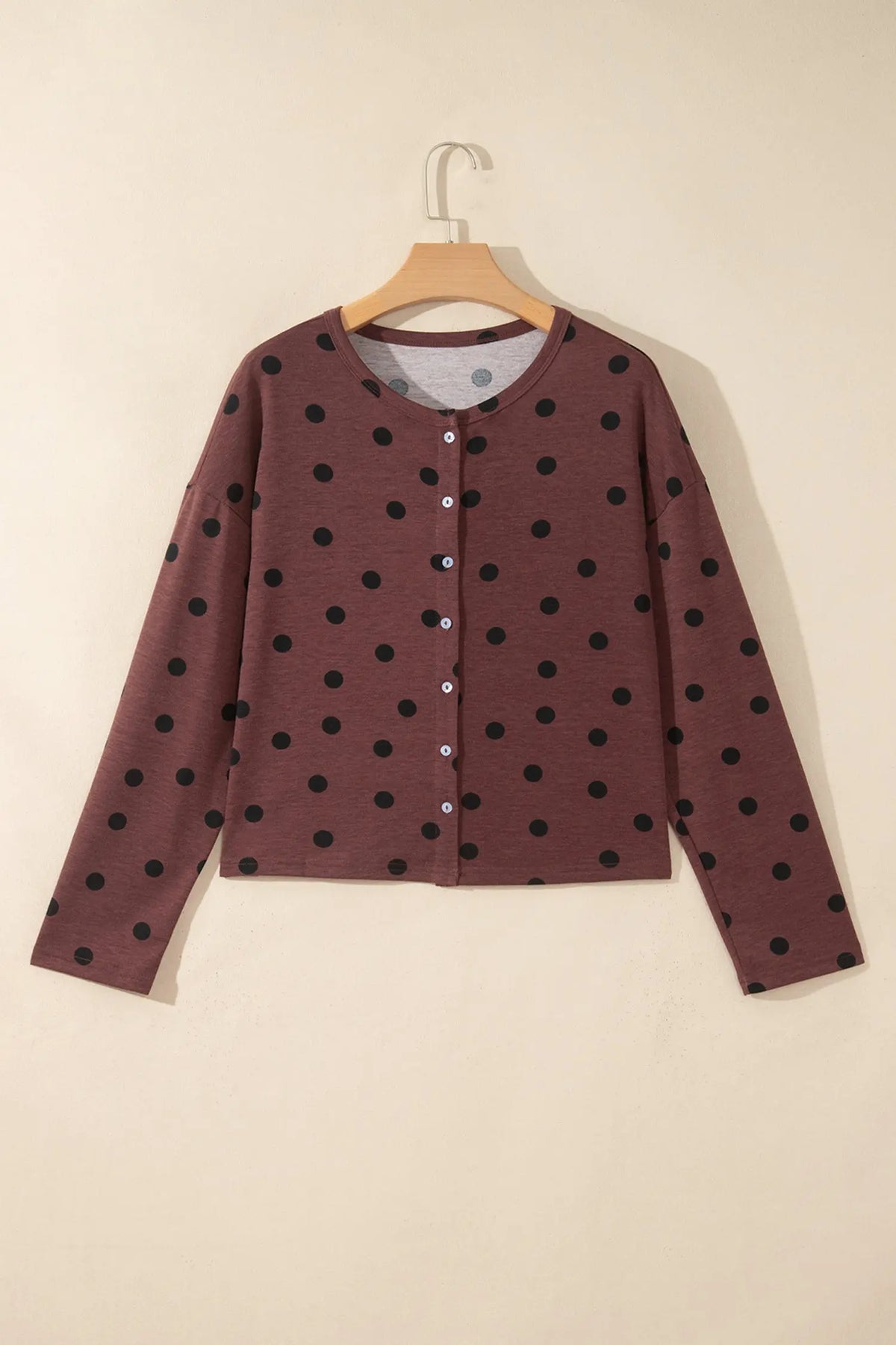 Brown Polka Dot Button Front Long Sleeve Casual Shirt