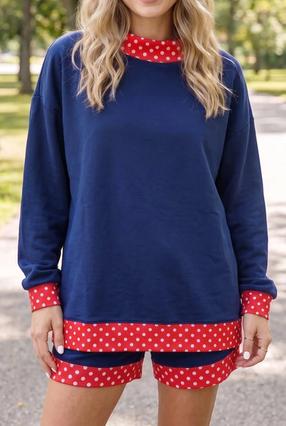 Dark Blue Polka Dot Trim Baggy Pullover 2pcs Short Set