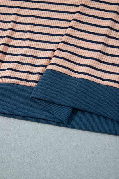 Pink Stripe Striped Colorblock V Neck Long Sleeve Plus Size Set