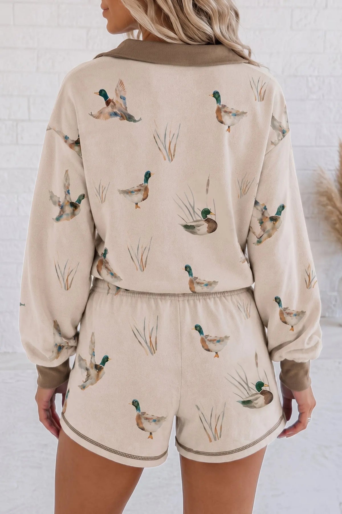 Khaki mallard print color block zip pullover and shorts set, model back view · nz-alt-v1