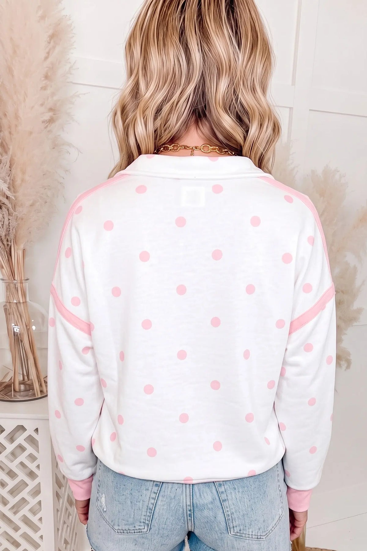 Pink Polka Dot Half Zip Drop Shoulder Relaxed Sweatshirt model back view · nz-alt-v1