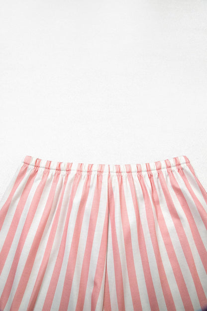 Gossamer Pink Striped Color Block Pullover Top Drawstring Shorts Set