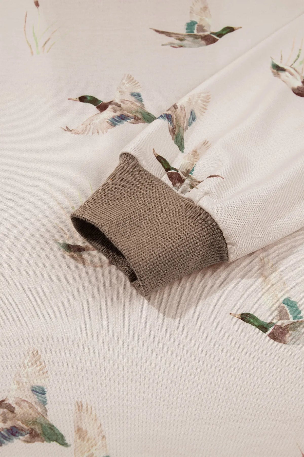 Khaki mallard print pullover ribbed brown cuff, detail view · nz-alt-v1