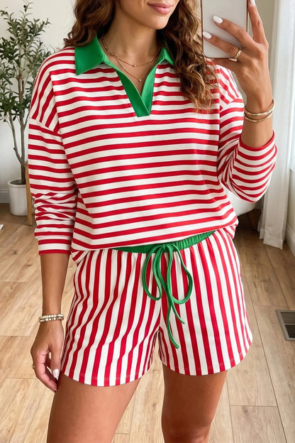 Red Stripe Colorblock Trim Polo Collar Drawstring Elastic Waist Band Casual 2pcs Outfit