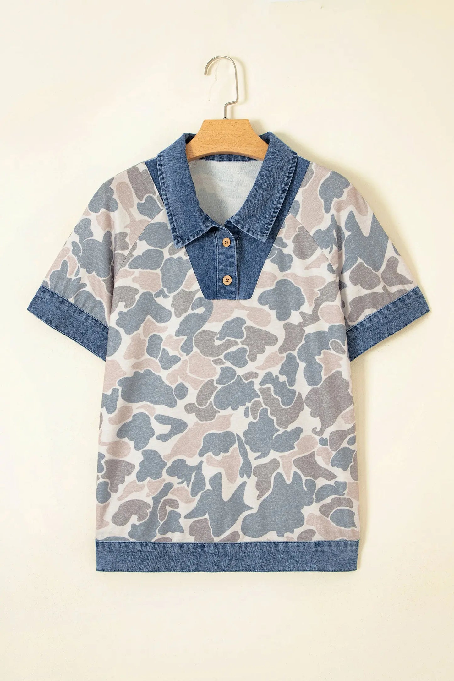 Multicolour Camouflage Print Denim Patchwork Polo Collar Tee