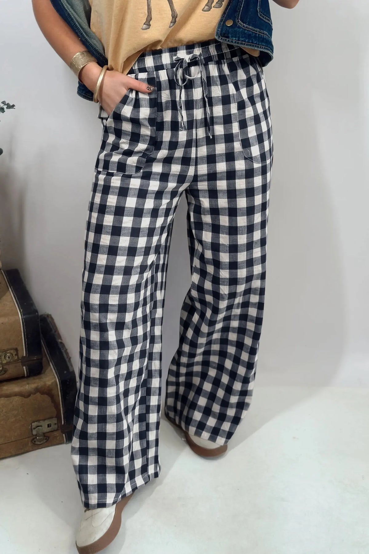 Gingham Plaid Tie Elastic Waist Shift Pants