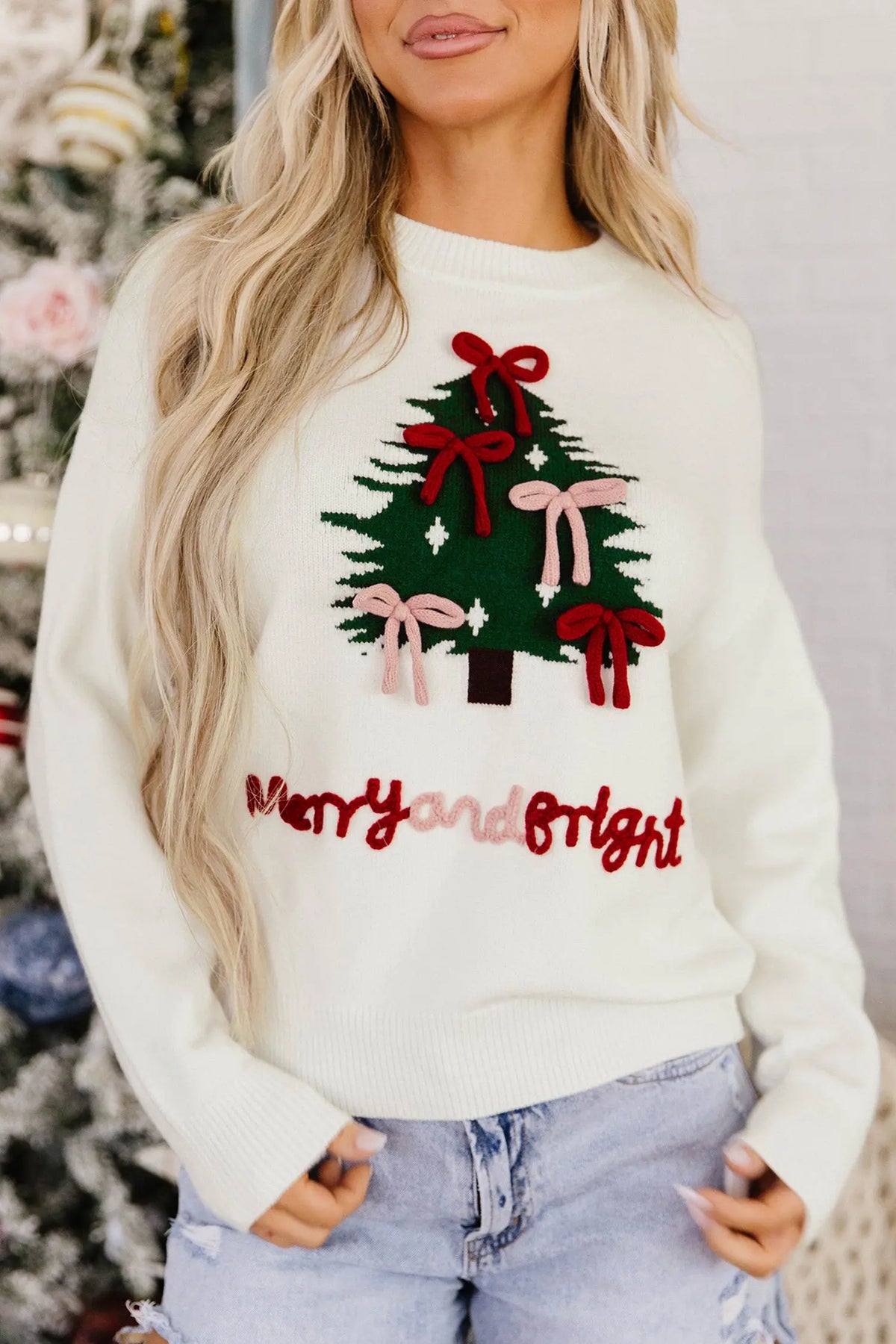 White Christmas Tree Bow Drop Shoulder Knit Sweater model front view · nz-alt-v1