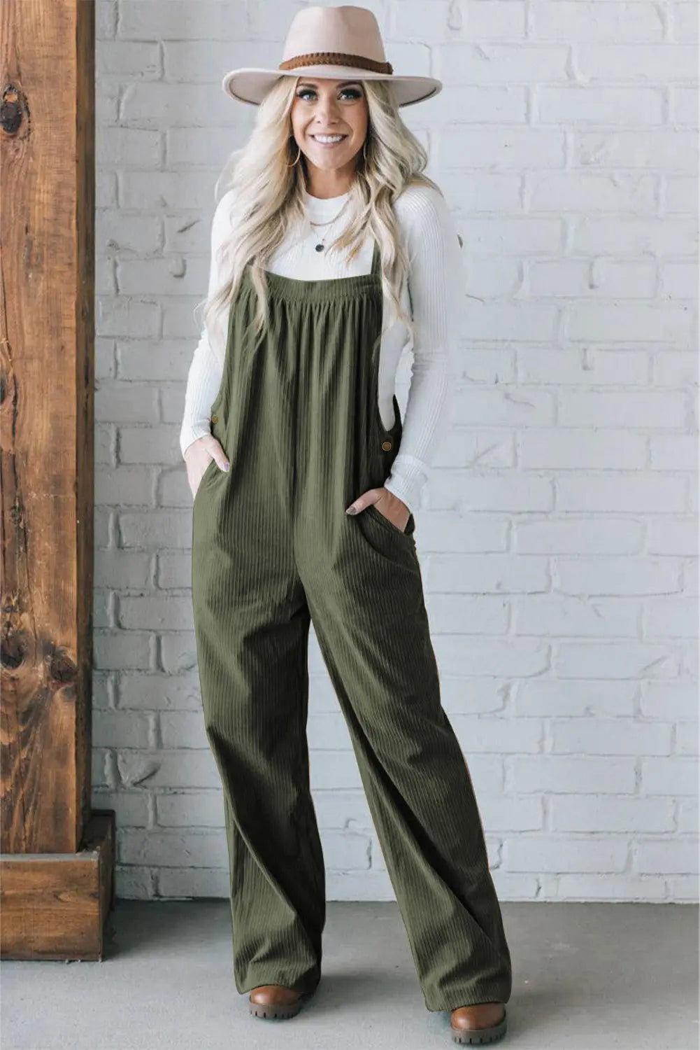 Jungle Green Button Adjustable Straps Solid Color Corduroy Jumpsuit