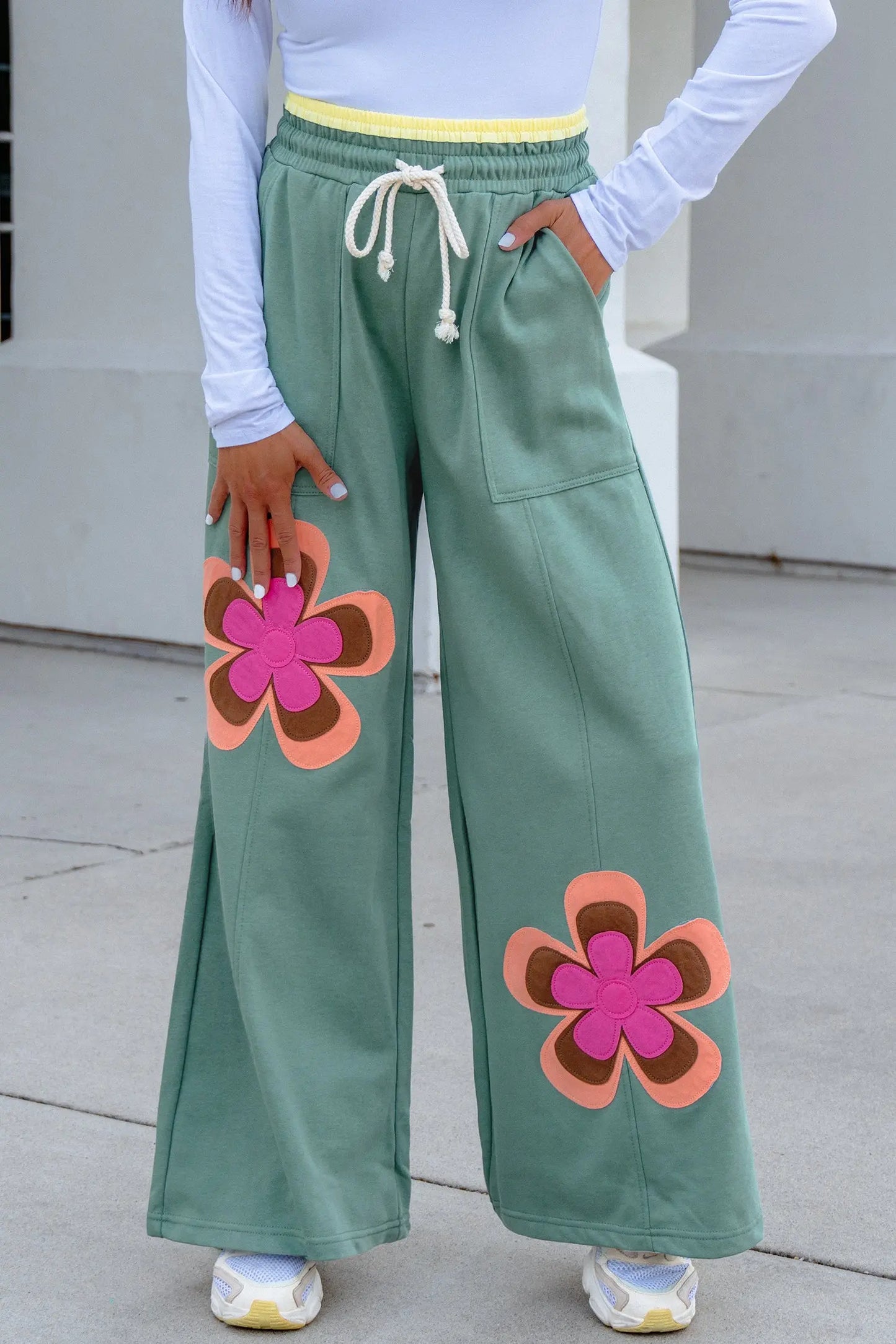 Grapefruit Orange Color Block Flower Patchwork Drawstring Contrasted Elastic Waist Wide Leg Pants