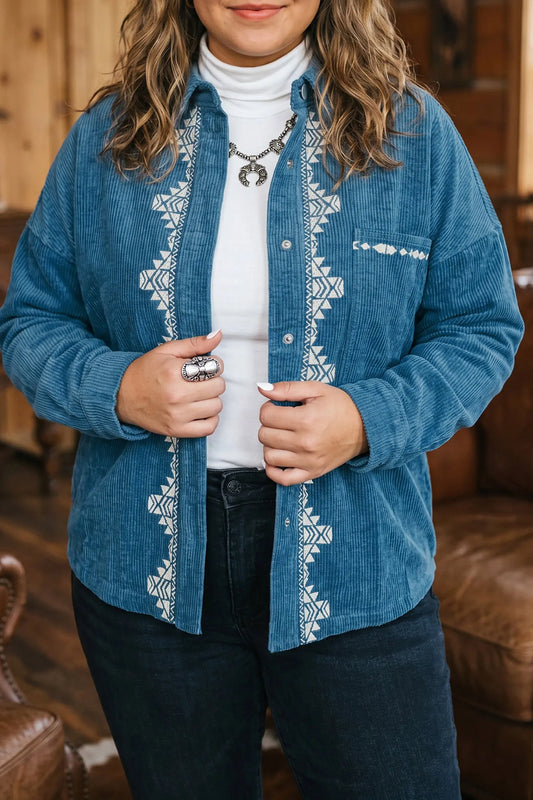 Blue Embroidered Corduroy V-Neck Long Sleeve Plus Size Shirt model front view · nz-alt-v1