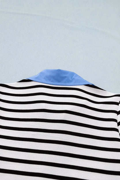 Blue Stripe Short Puff Sleeve Color Block Polo Collar Blouse Nataliz