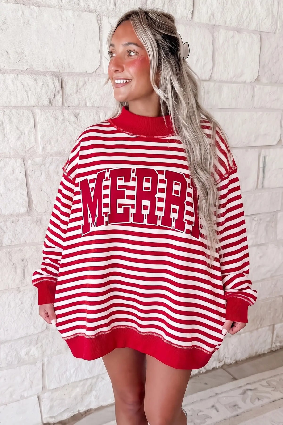 Stripe Christmas Slogan Embroidery Patched Mock Neck Oversized Sweatshirt