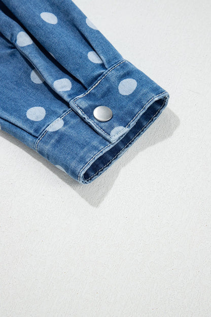 Blue Polka Dot Long Sleeve Collar Shift Tunic Denim Jacket