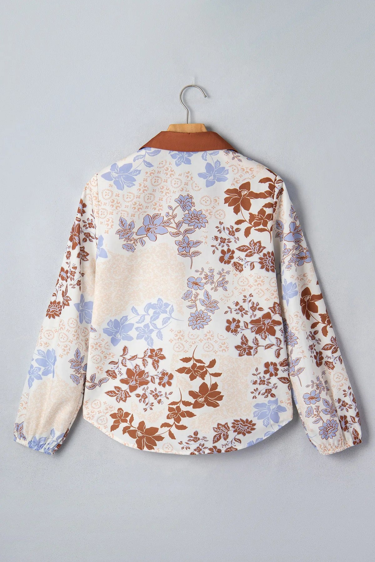 White plus size floral print contrast collar V neck long sleeve blouse hanging view · nz-alt-v1