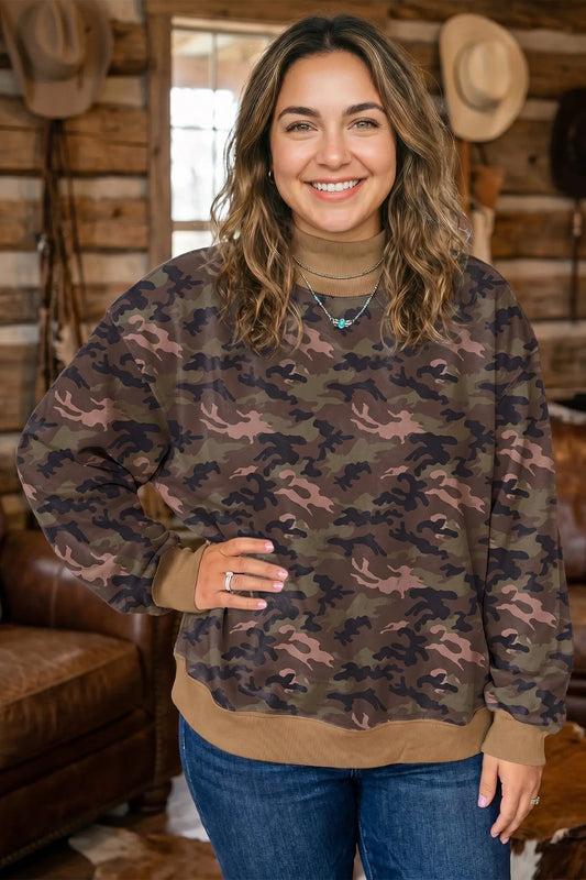 Green camouflage print high neck plus size sweatshirt model front view · nz-alt-v1