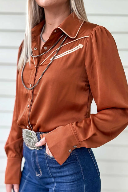 Cinnamon Silky Long Sleeve Button Front Western Fashion Shirt