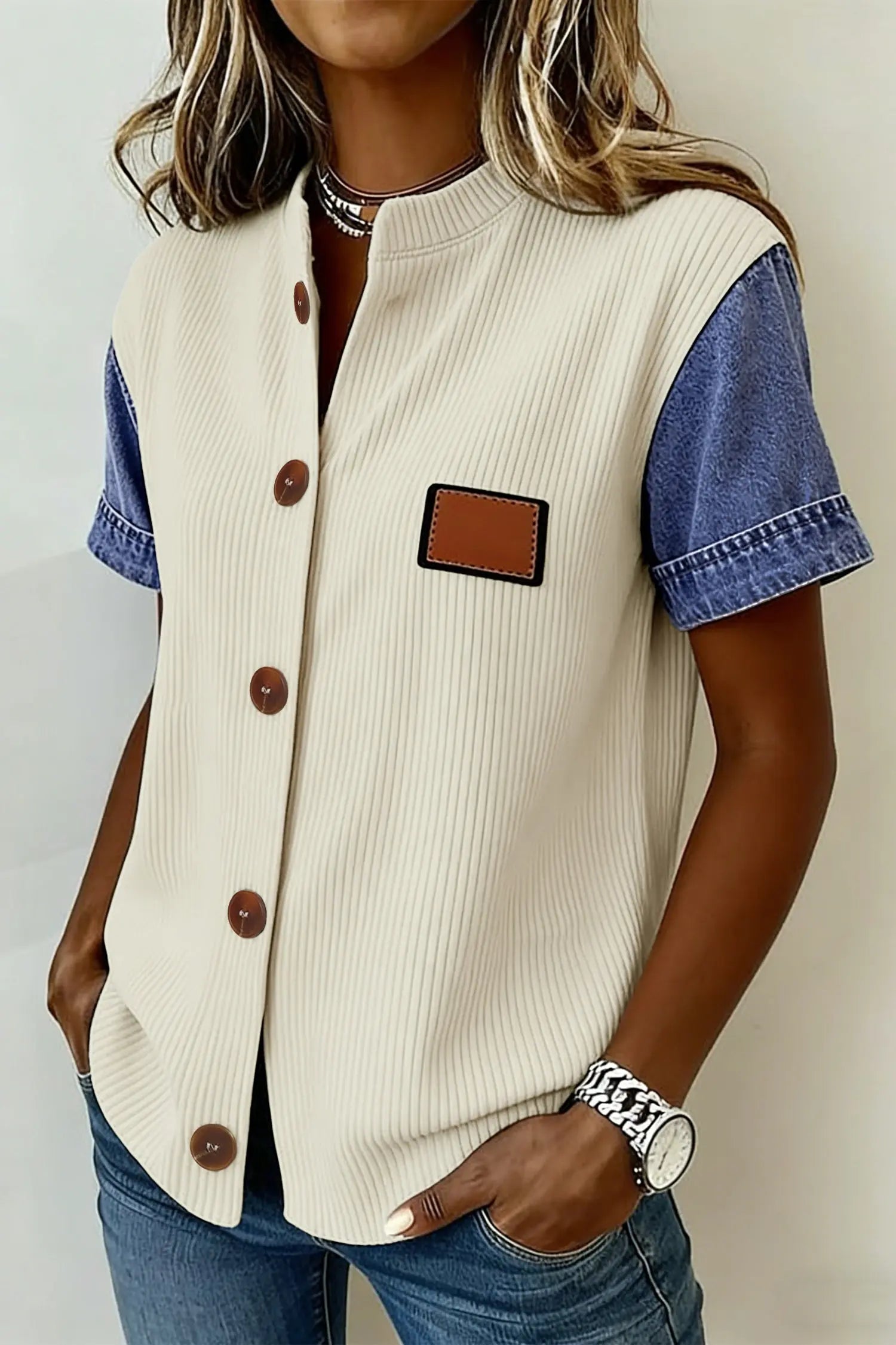 Beige Denim Patchwork Short Sleeve Ribbed Shirt Dear-Lover Dropshipping