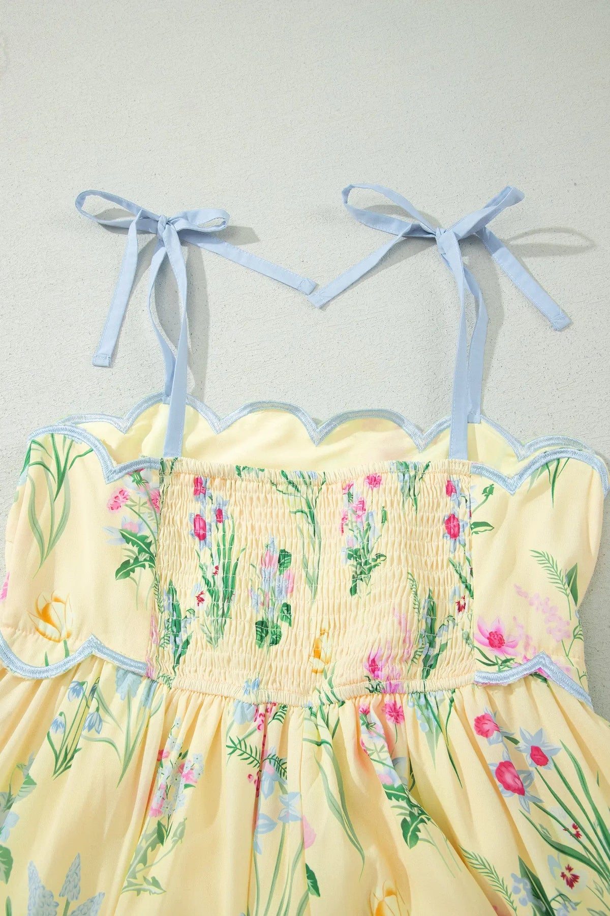 Yellow Floral Print Contrast Trim Self-tie Straps High Waist Midi Dress smocked back hanging view · nz-alt-v1