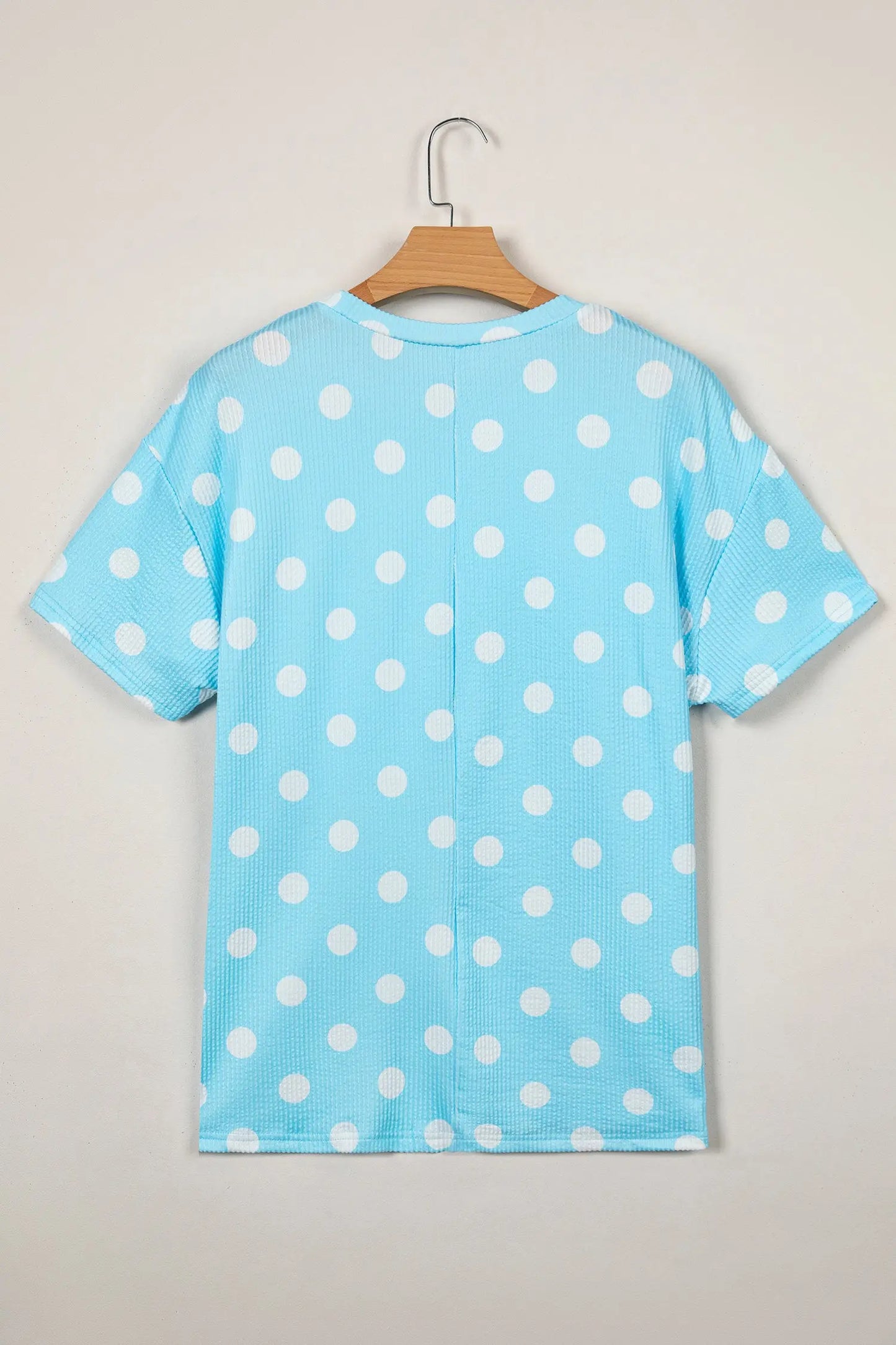 Sky Blue Polka Dot Round Neck Drop Shoulder Patch Pocket Jacquard Texture Top Nataliz