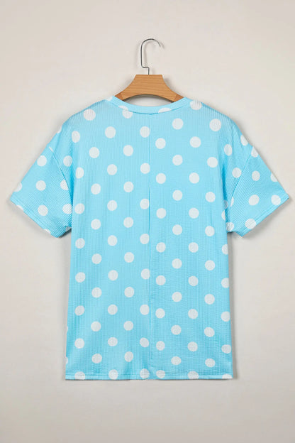 Sky Blue Polka Dot Round Neck Drop Shoulder Patch Pocket Jacquard Texture Top Nataliz