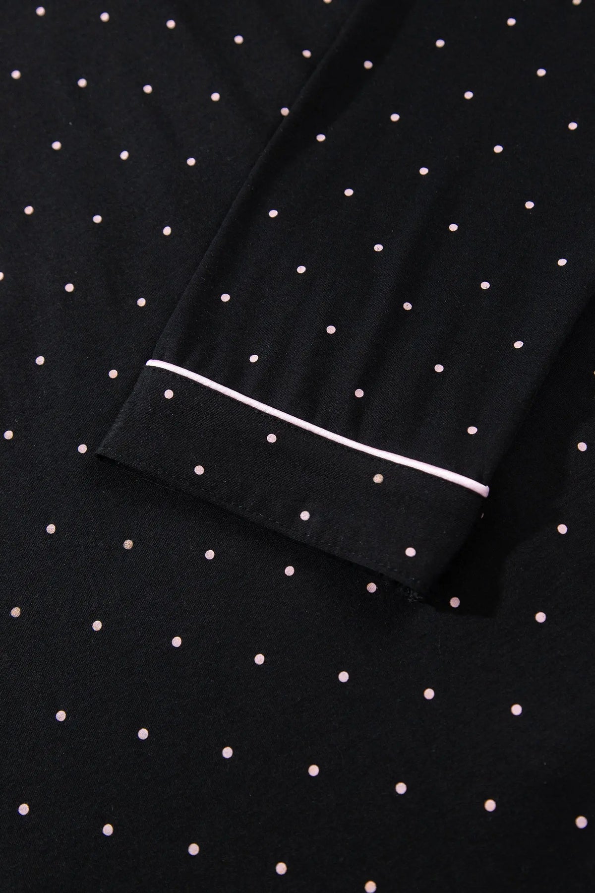 Black Polka Dot Long Sleeve Shirt Lace Detail Two Piece Pajama Pant Set