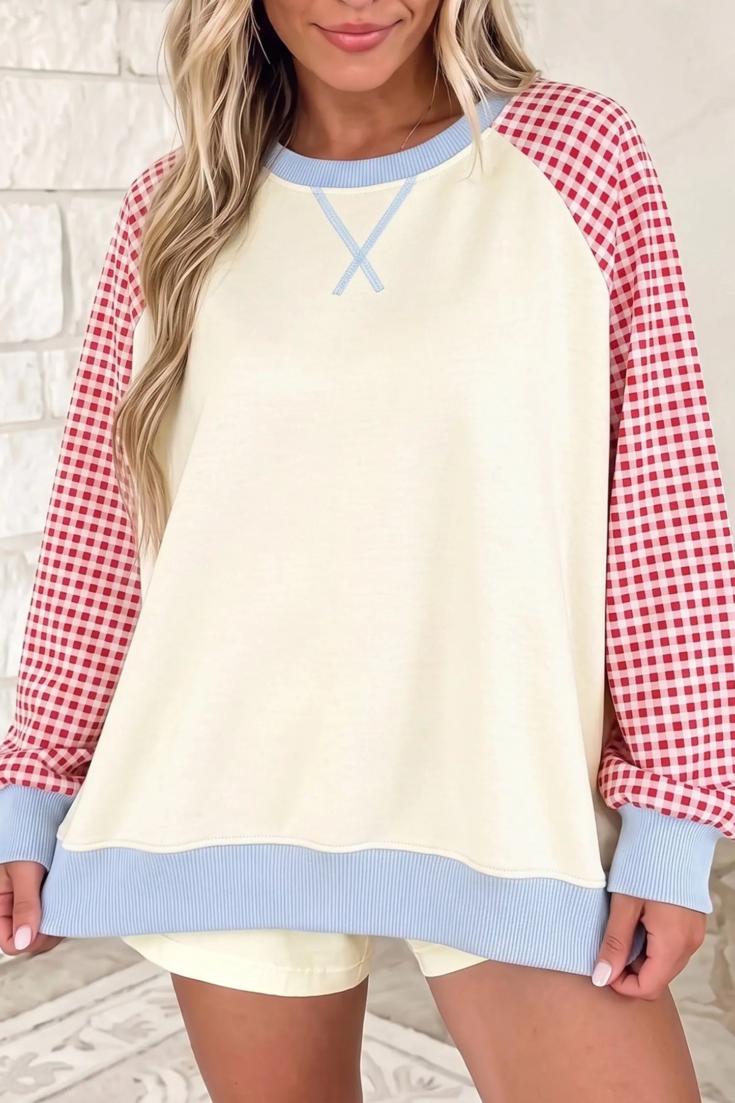 Beige Plaid Sleeve Colorblock Raglan Pullover Sweatshirt