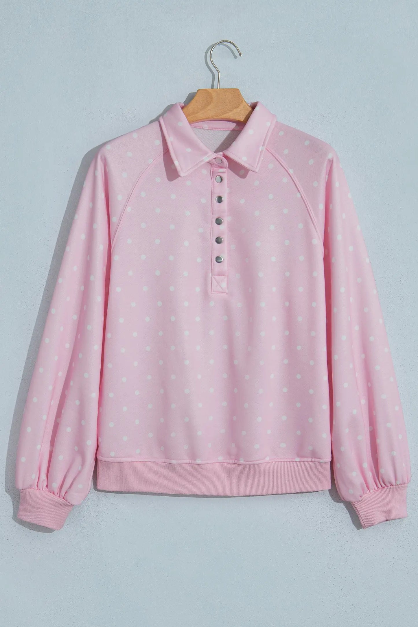Pink Polka Dot Print Metal Button Collar Casual Pullover Sweatshirt