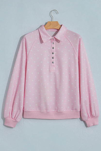 Pink Polka Dot Print Metal Button Collar Casual Pullover Sweatshirt