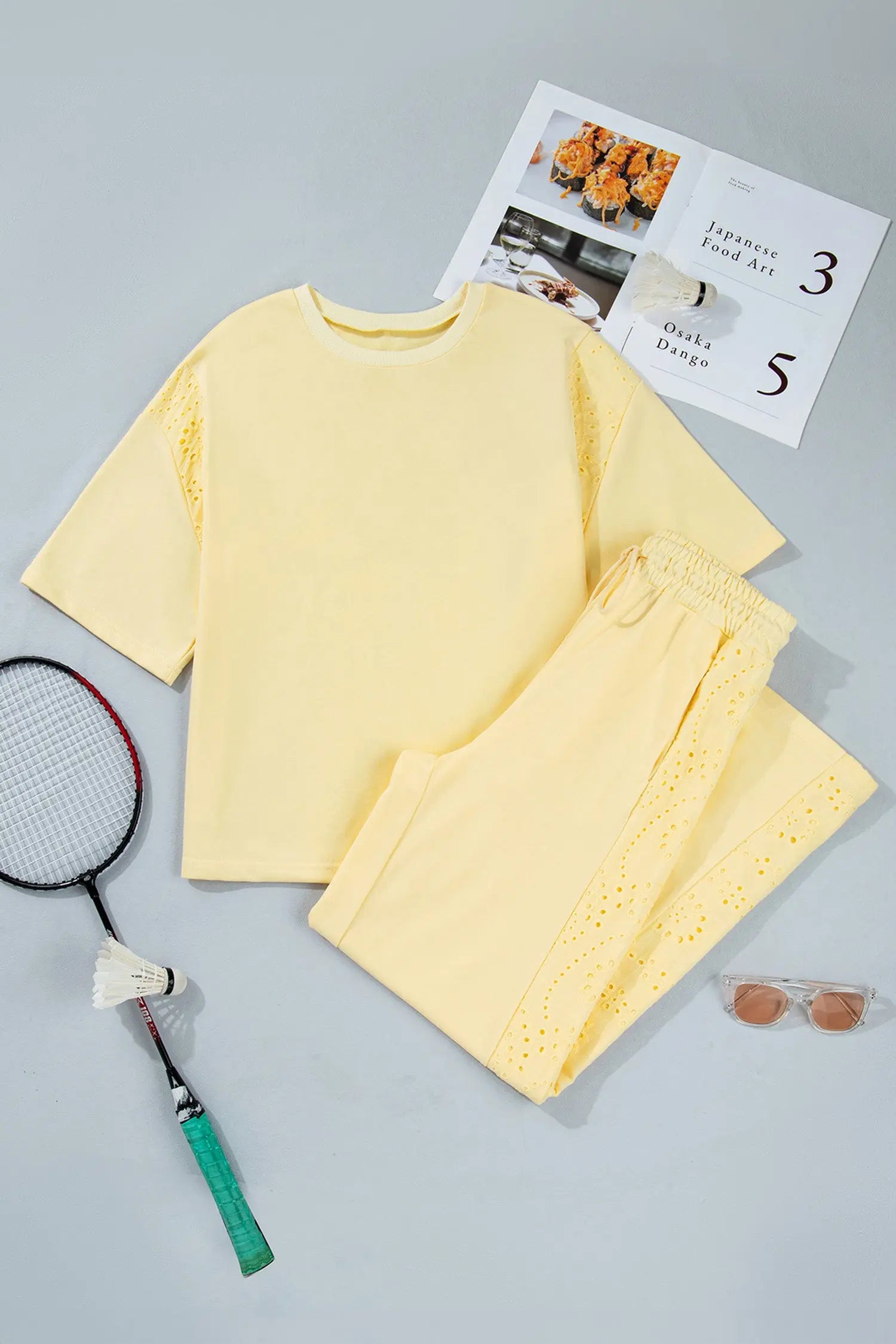 Yellow Cream Lace Patchwork Half Sleeve Top Elastic Waist Pants Two Piece Set Nataliz