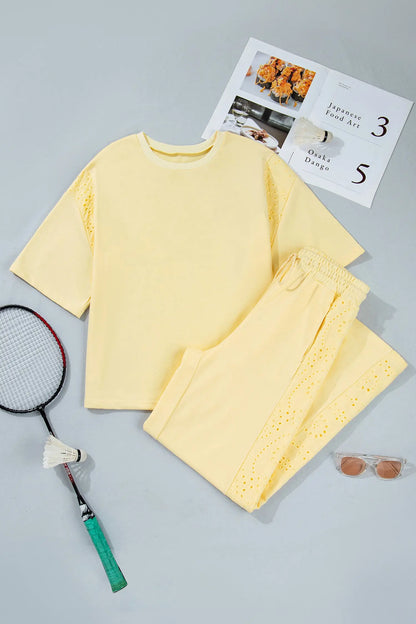 Yellow Cream Lace Patchwork Half Sleeve Top Elastic Waist Pants Two Piece Set Nataliz