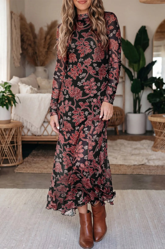 Black Retro Floral Print Long Sleeve Casual Mesh Dress model front view · nz-alt-v1