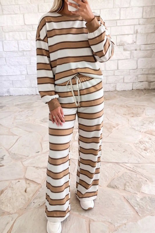 Khaki Stripe Contrast Trim Patchwork Casual Two-Piece Pants Set