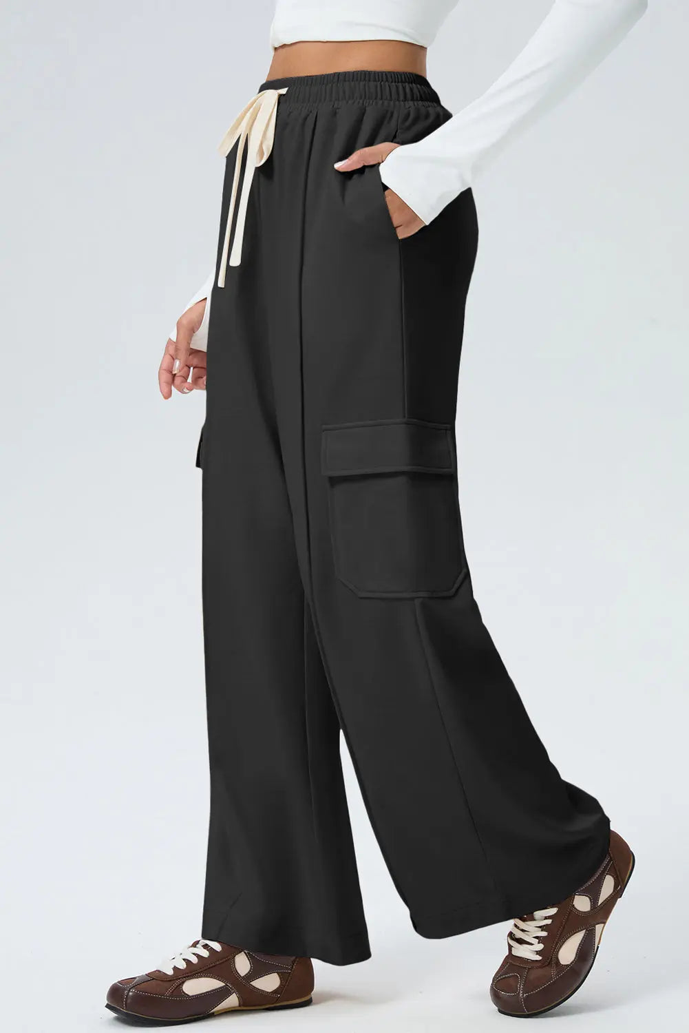 Black Solid Color Drawstring Elastic Waist Cargo Patch Pocket Active Pants