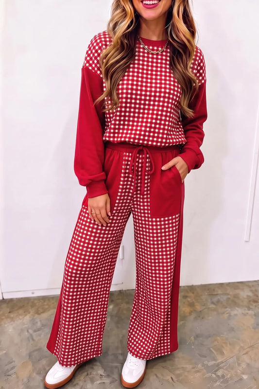 Green Color Block Plaid Patchwork Long Sleeve Pullover Wide Leg Pant Set