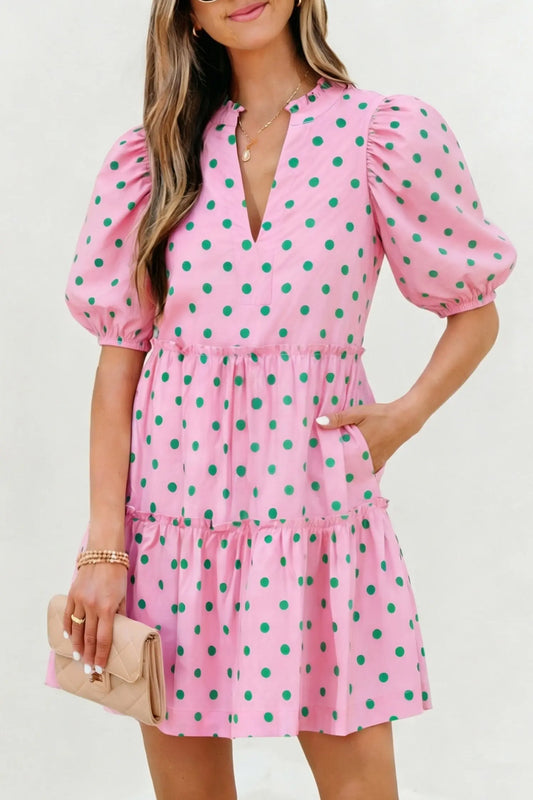 Pink Polka Dot Print V Neck Short Sleeve Tiered Mini Dress Nataliz