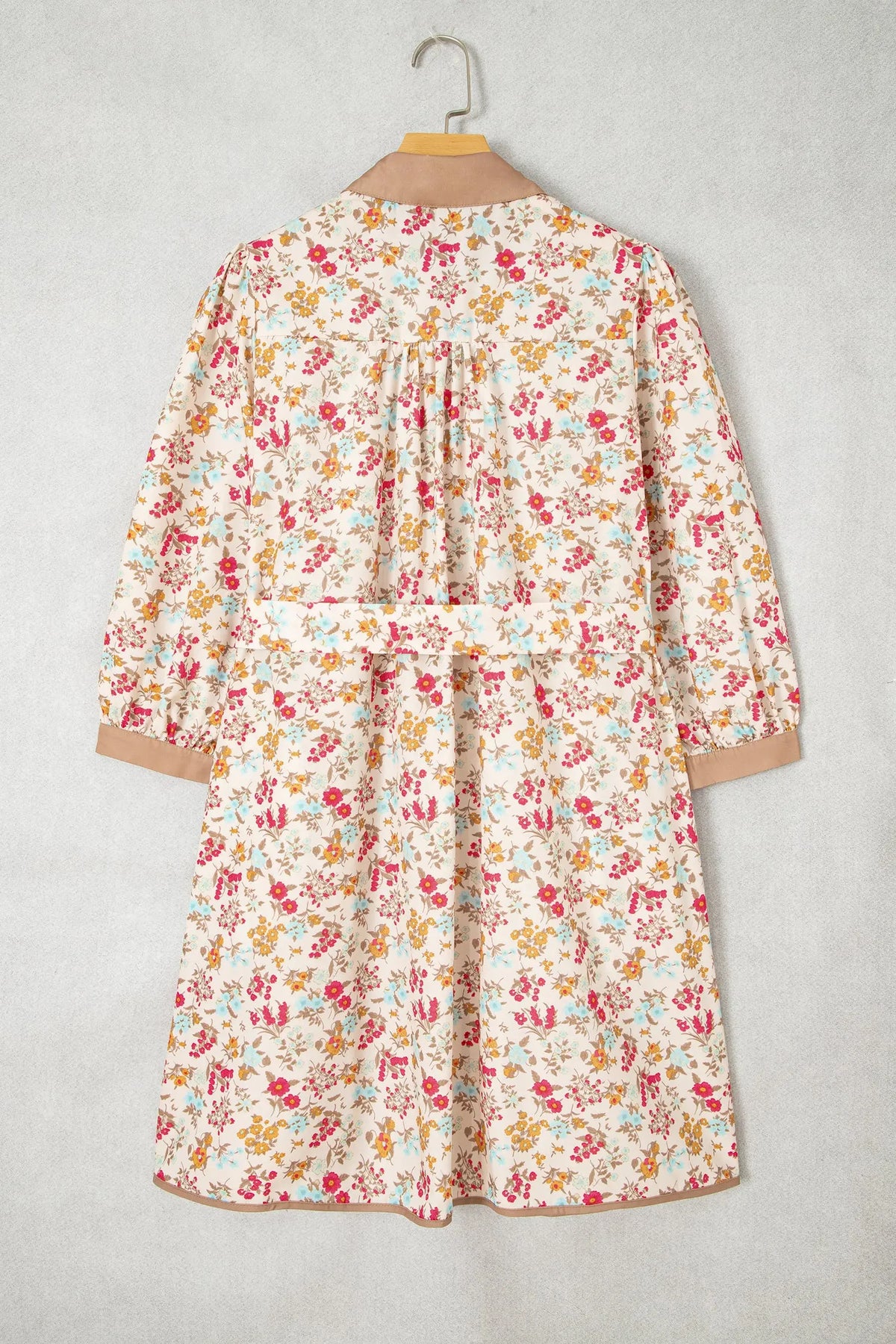 Orange Floral Print Button Down 3/4 Sleeve Belted Mini Dress back hanging view · nz-alt-v1