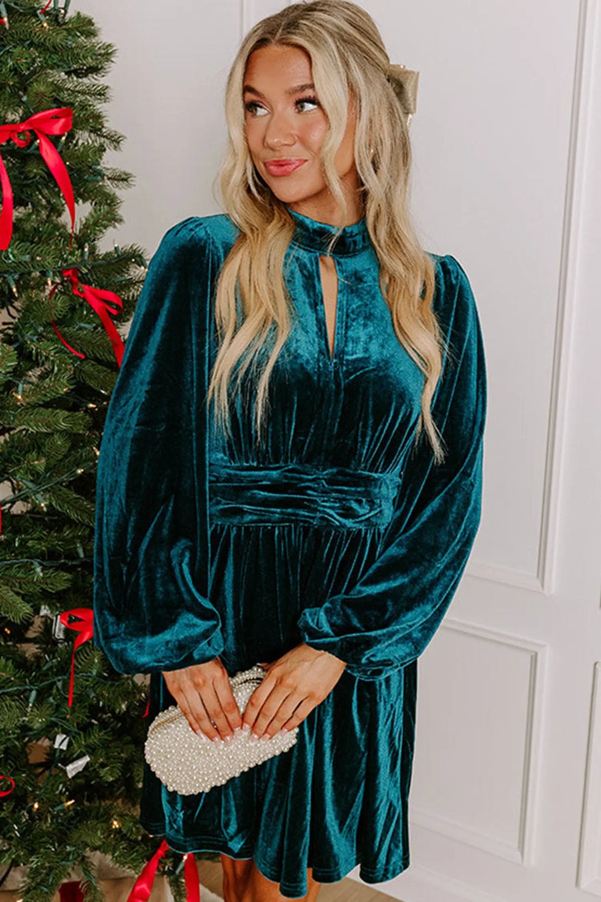 Skobeloff High Neck Keyhole Detail Long Sleeve Velvet Mini Dress