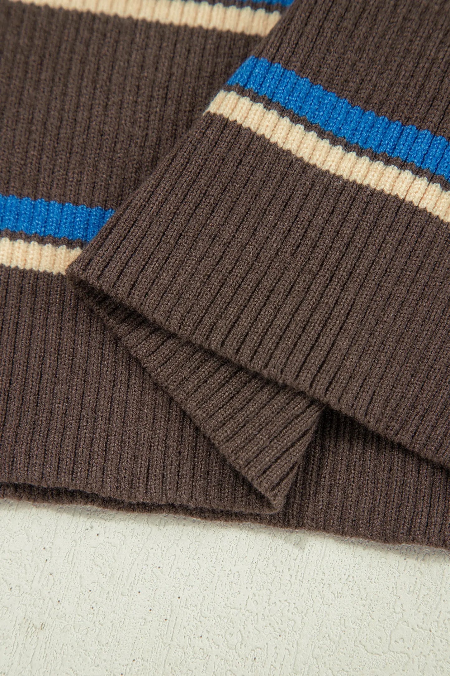 Chicory Coffee Ribbed Knit Contrast Cuff Henley Button Sweater