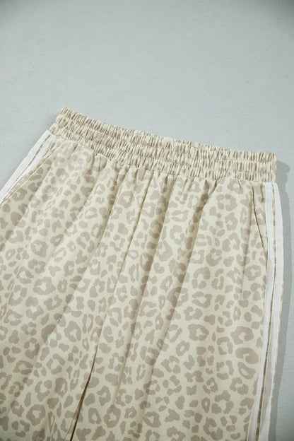 Apricot Leopard Print Varsity Striped Detail 3/4 Sleeve Top Shift Pant Set