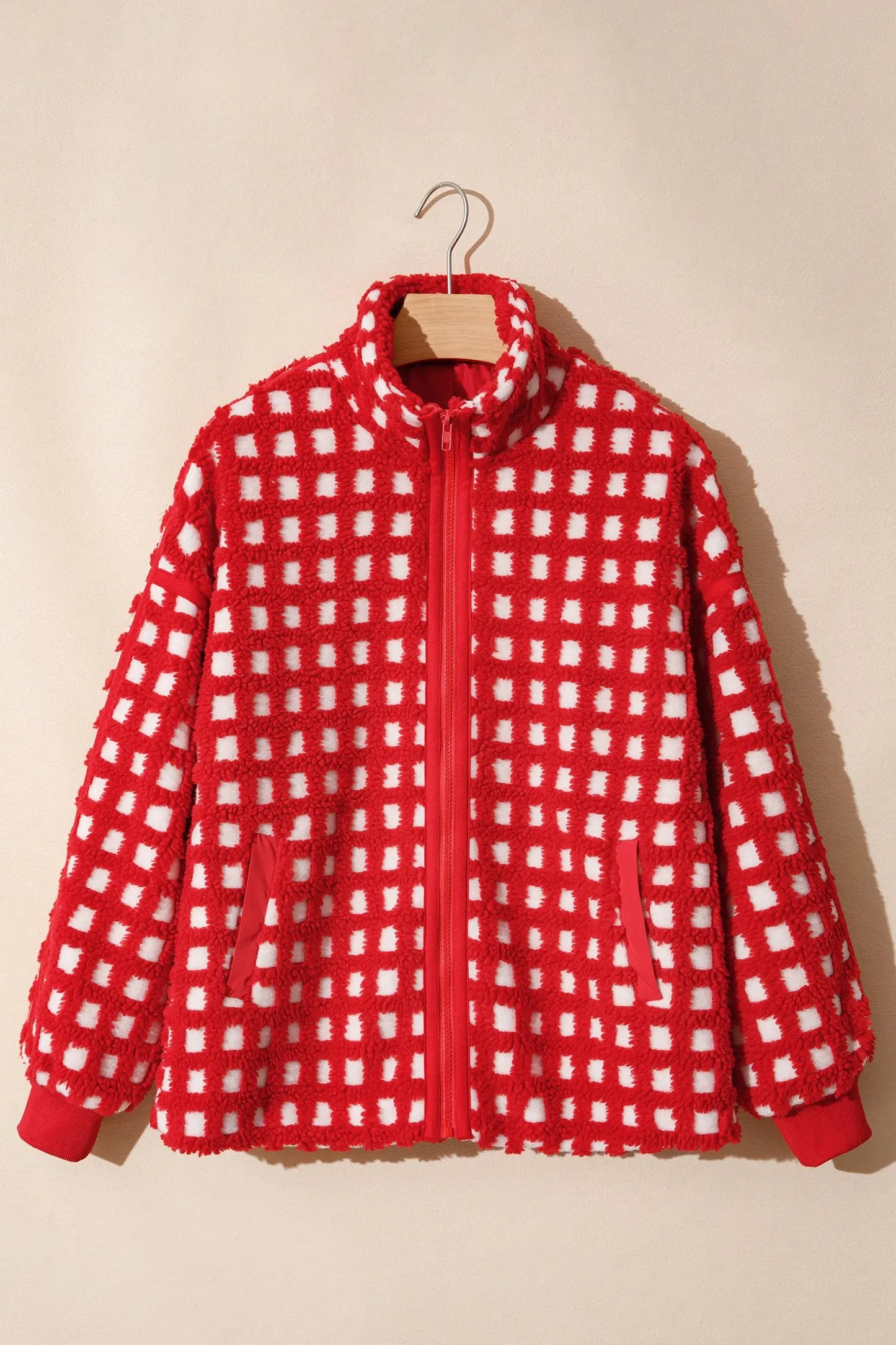 Fiery Red Plaid Zip-up Long Sleeve Jacket