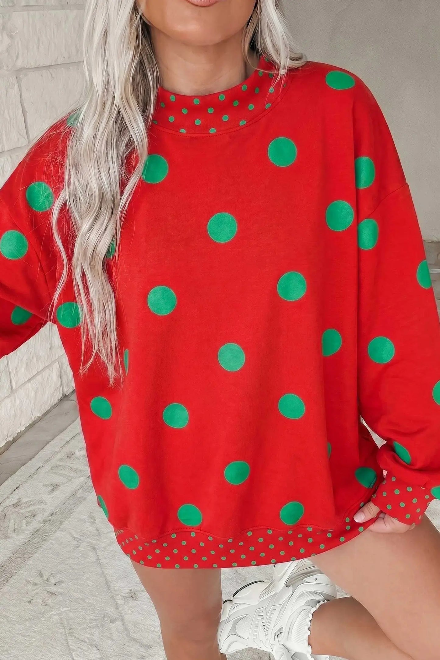 Brown Polka Dot Print Contrast Detail Oversized Tunic Sweatshirt